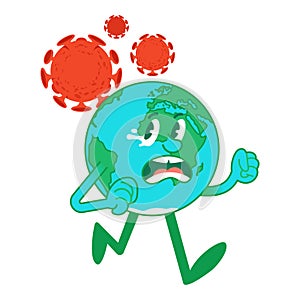 Cartoon character Earth run away from coronavirus photo